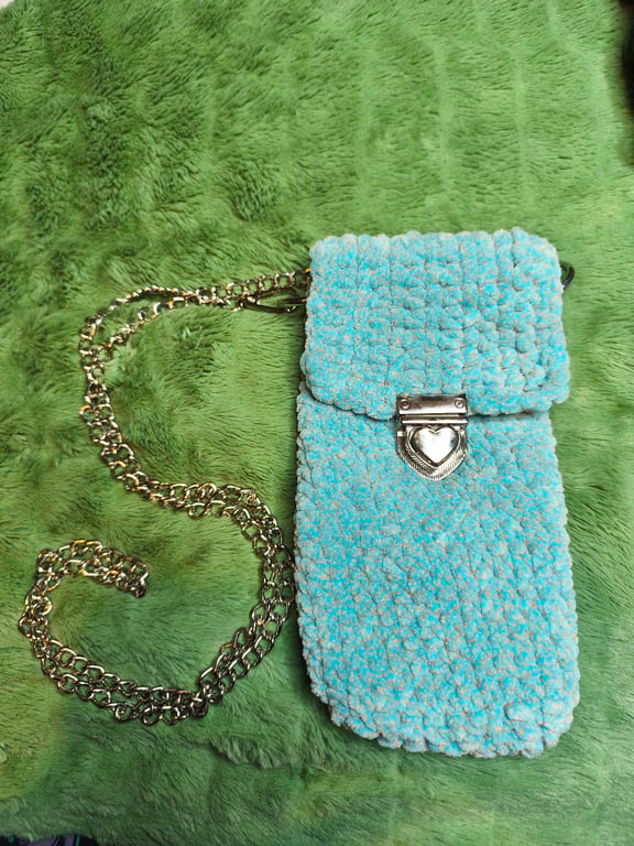Mini Cross-Body Bag: Teal & Orange Tweed with Silver Chain