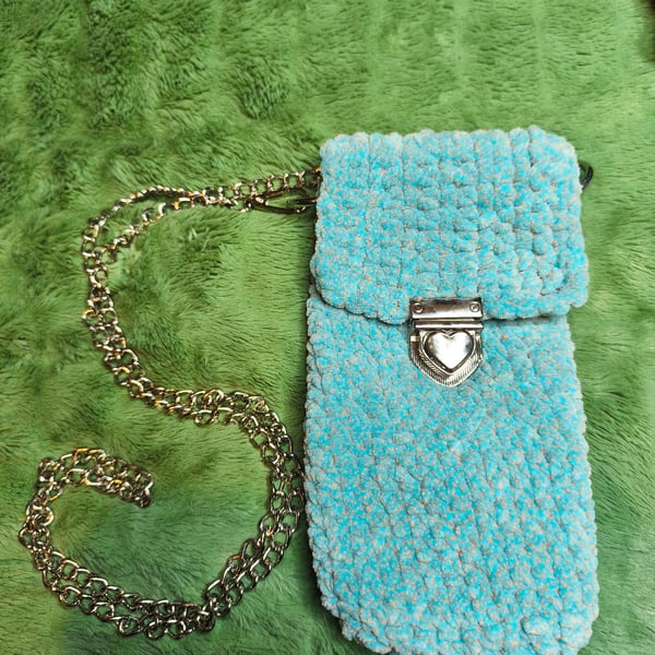 Mini Cross-Body Bag: Teal & Orange Tweed with Silver Chain