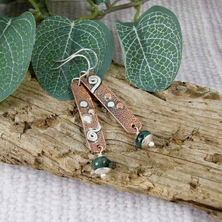 Earrings, Sterling Silver, Copper and Emerald Mismatched Swirl and Spot Droppers