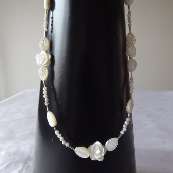  Sterling Silver & Mother of Pearl Leaves & Rose Necklace
