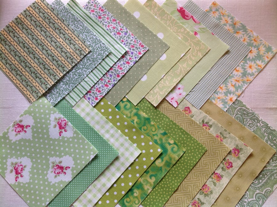 20 x 5" Green patchwork pieces for charm quilts.