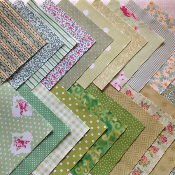 20 x 5" Green patchwork pieces for charm quilts.