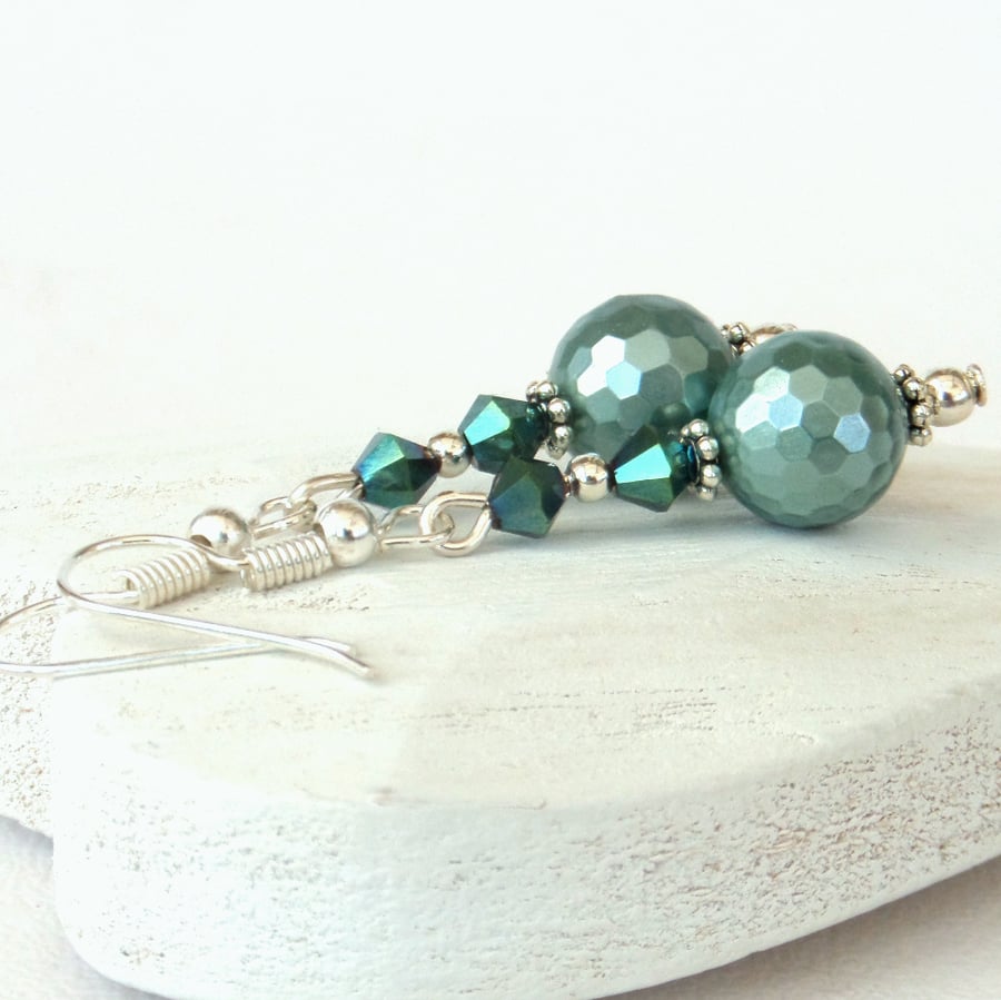 Teal green shell pearl and crystal earrings