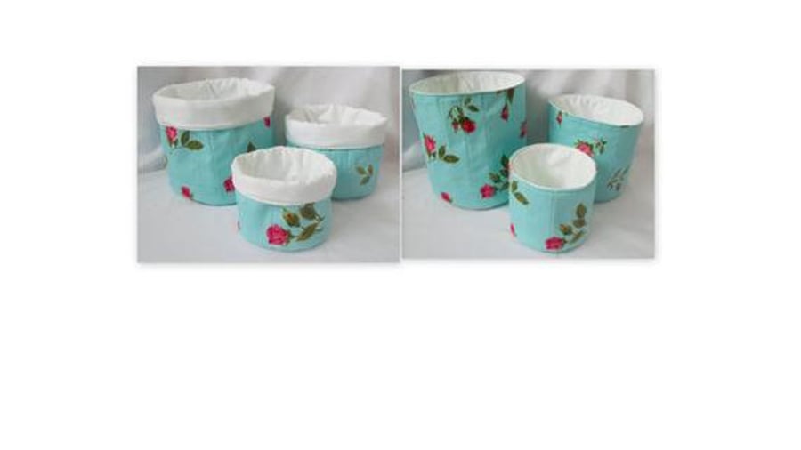 set of three graduated turquoise rose cotton storage tubs for your nik naks 