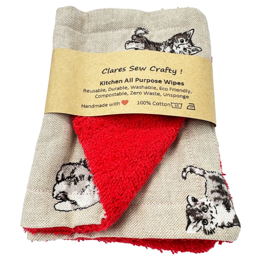 Handmade Linen Look All Purpose Dish Cloths towelling back Kittens
