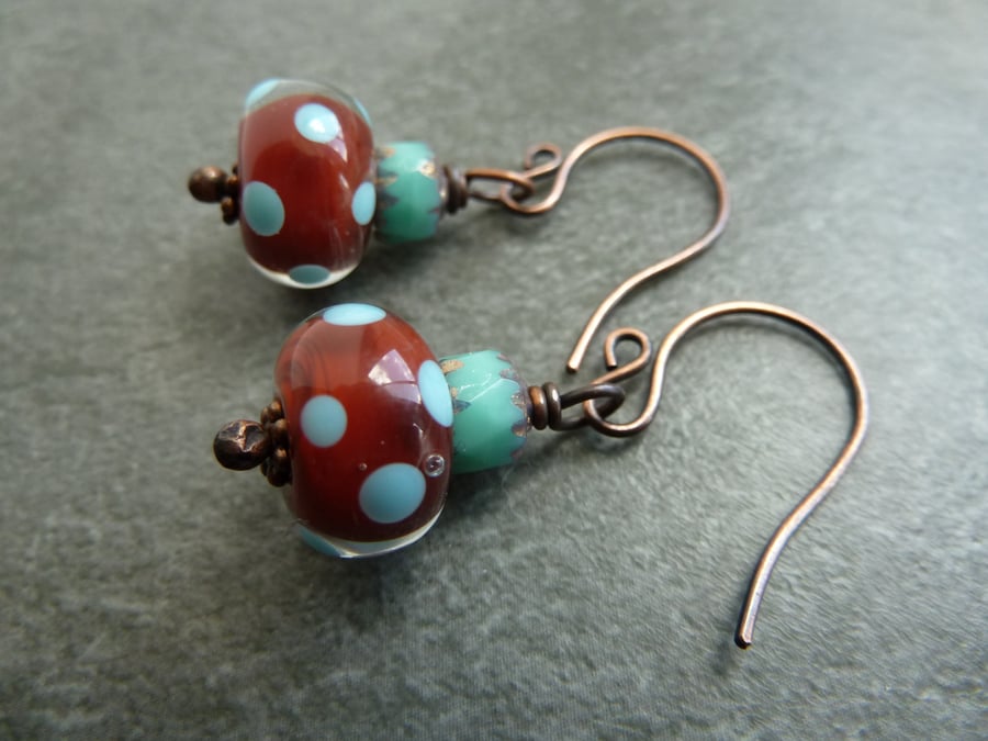 copper earrings, handmade lampwork glass beads