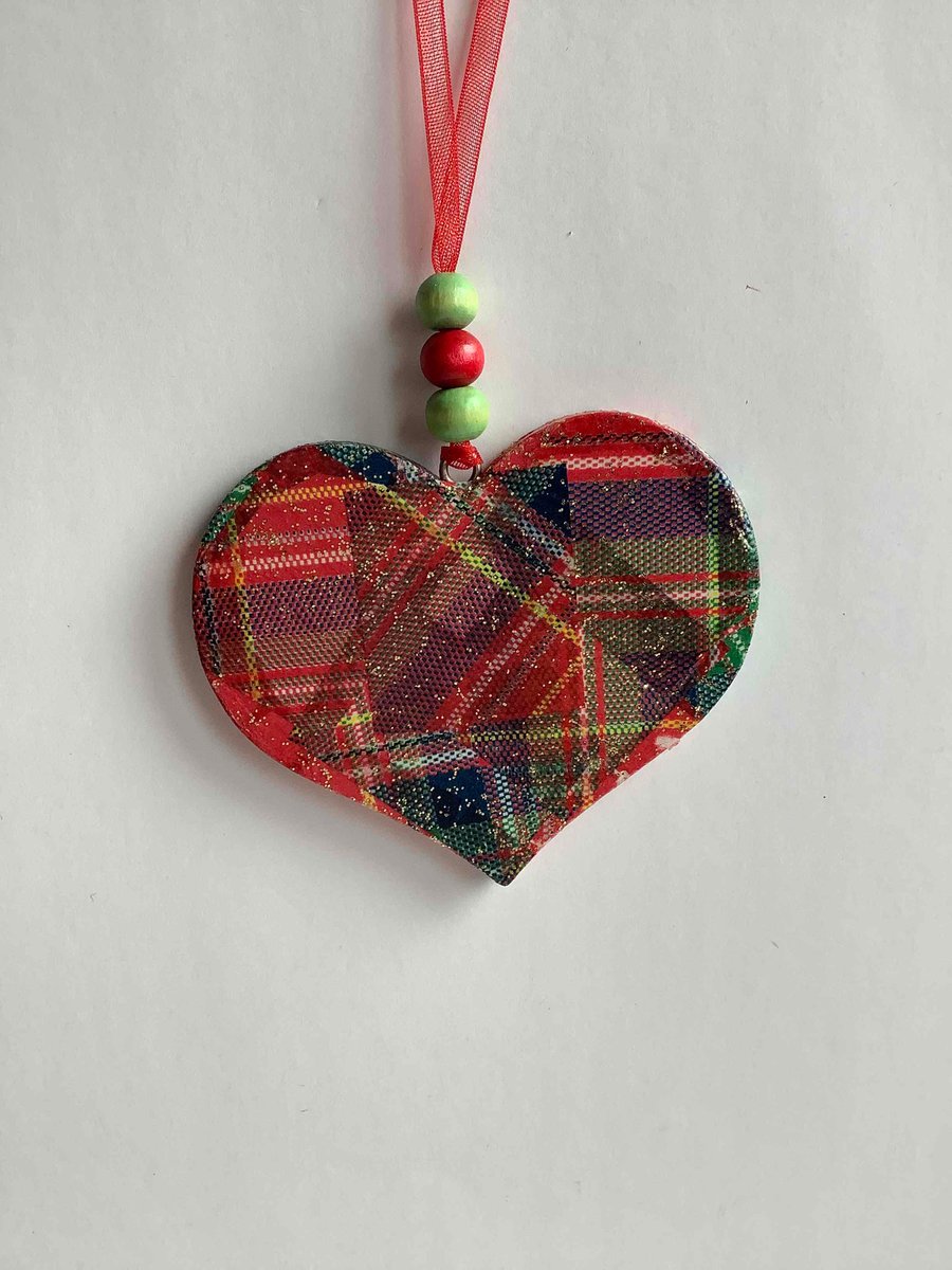 Sparkly red and green tartan wooden heart