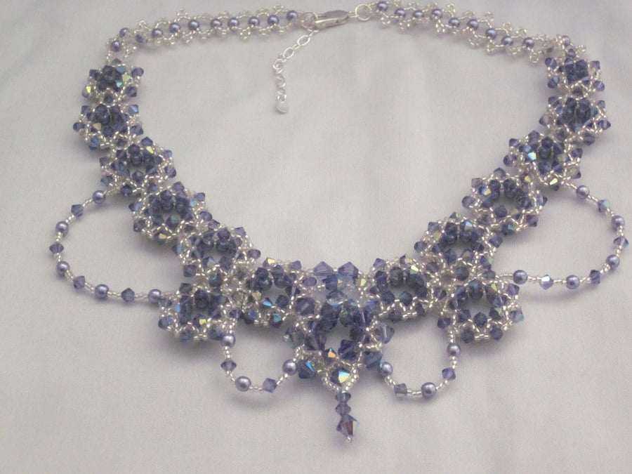 Tanzanite crystal and lavender glass pearl decorative necklace (444)