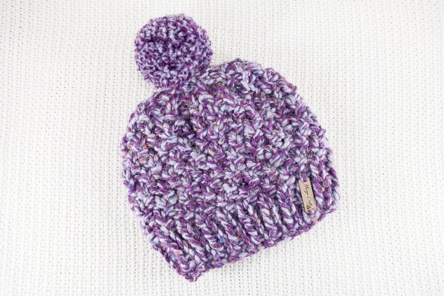 Thick Chunky Purple Bobble Hat. Pom Pom Hat. Hand Knitted Wool Blend Beanie.