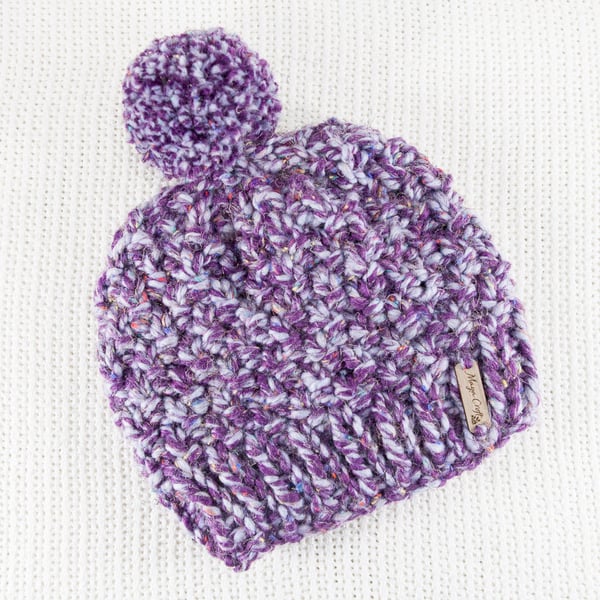 Thick Chunky Purple Bobble Hat. Pom Pom Hat. Hand Knitted Wool Blend Beanie.
