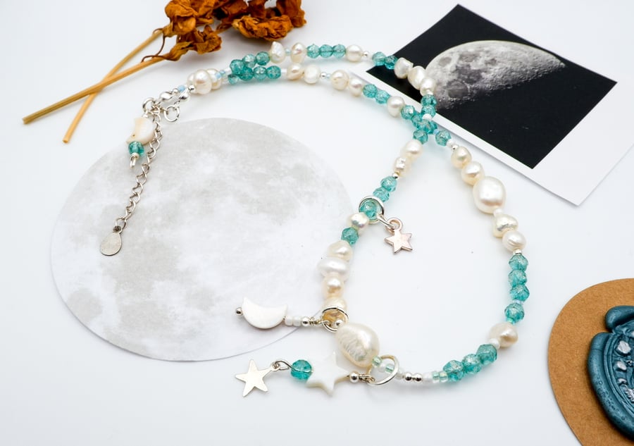 Celestial Aqua Blue Czech Glass & Freshwater Baroque Ivory Pearl Charm Necklace 