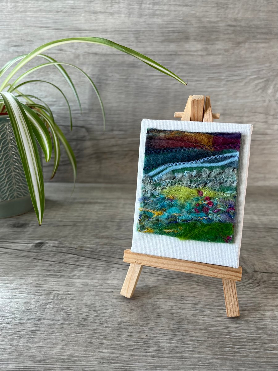 Miniature Needle Felted Embroidered Landscape on Easel 