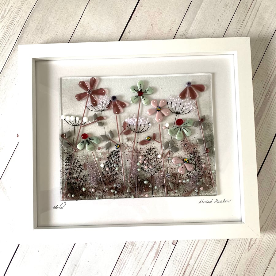  fused glass art picture, muted meadows