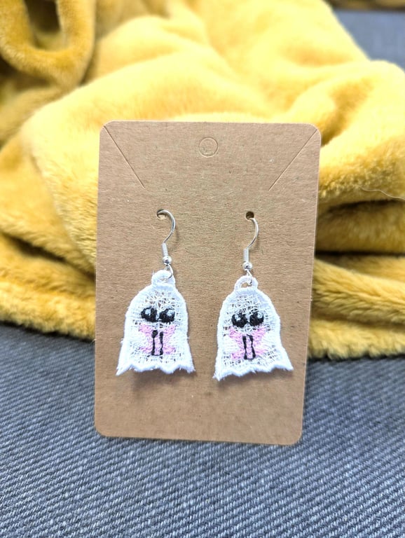 Book Lover Ghost Earrings: Embroidered Acrylic Thread Dangle Earrings