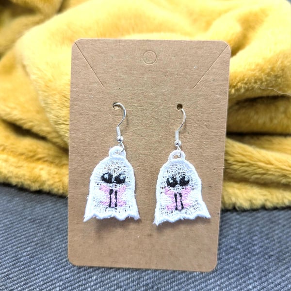 Book Lover Ghost Earrings: Embroidered Acrylic Thread Dangle Earrings