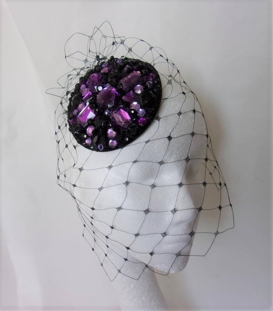 Purple Black & Magenta Crystal Studded Decadent Retro Veiled Cocktail Hat