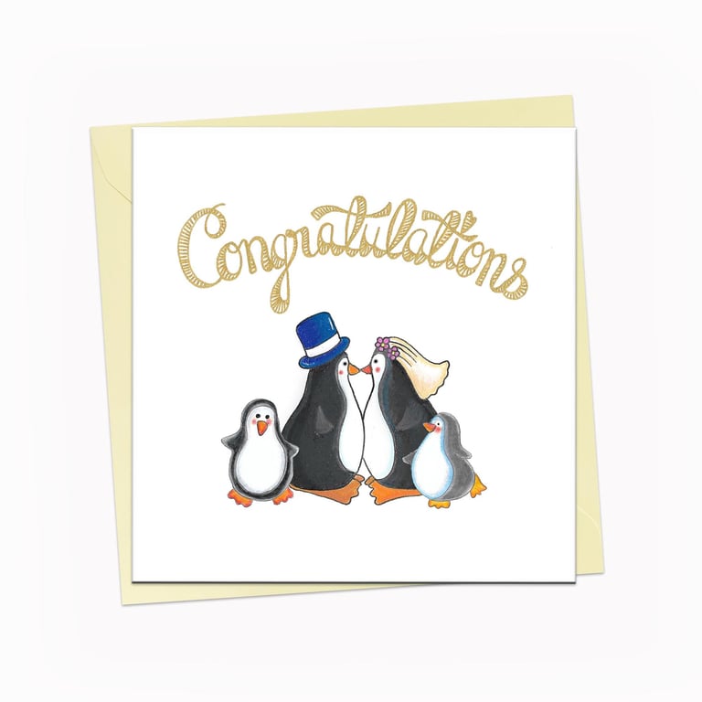 Congratulations Wedding marriage card with 2 penguins and 2 children