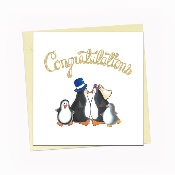 Congratulations Wedding marriage card with 2 penguins and 2 children