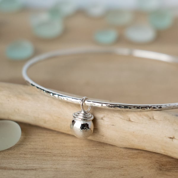 Silver Bangle with Pebble Charm, Thin Hammered Silver Bangle