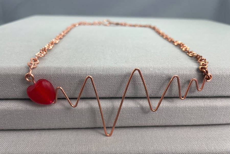 Hammered Copper Heartbeat Pulse Necklace with Red Onyx Heart Gemstone