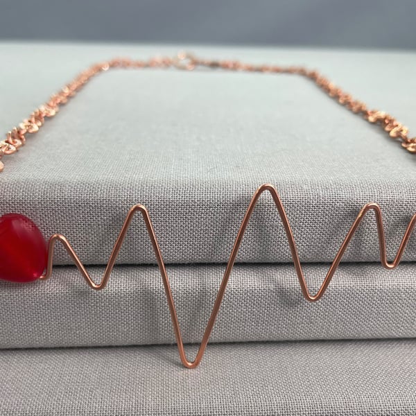 Hammered Copper Heartbeat Pulse Necklace with Red Onyx Heart Gemstone