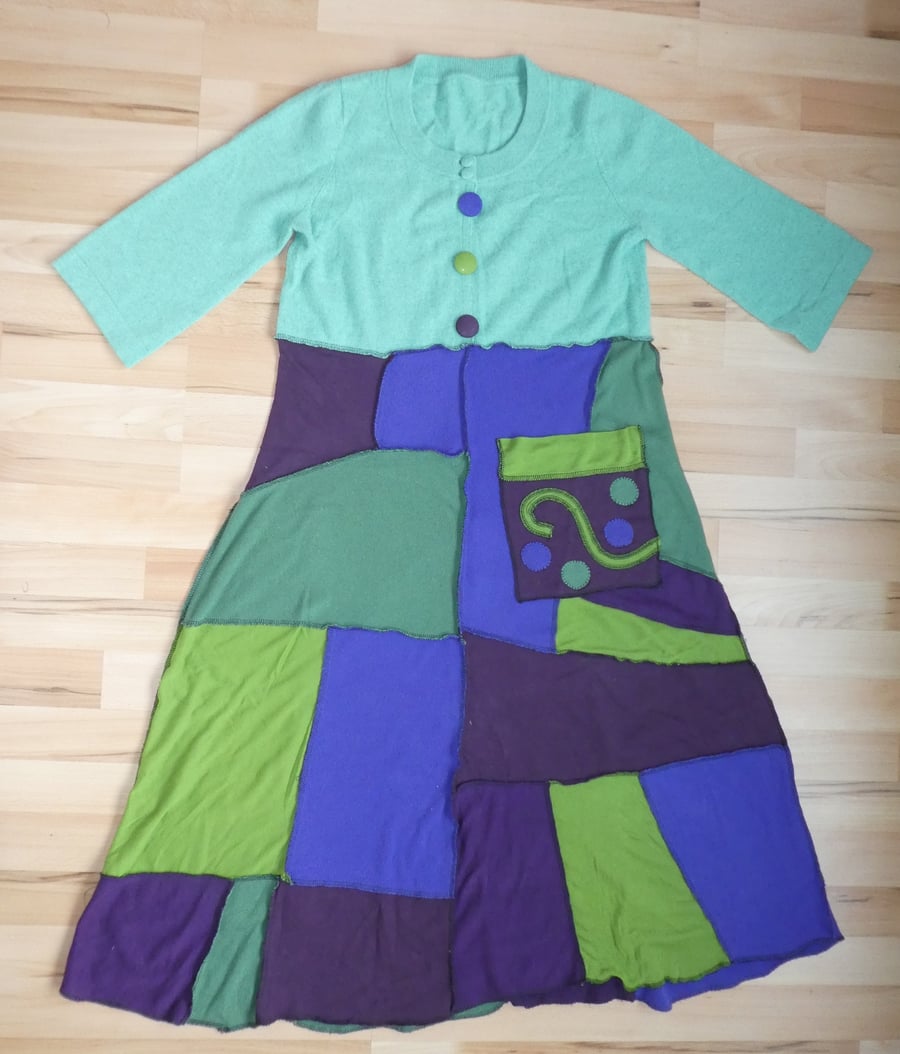Upcycled Sweater Dress in Green and Purple. Refashioned from Jumpers.