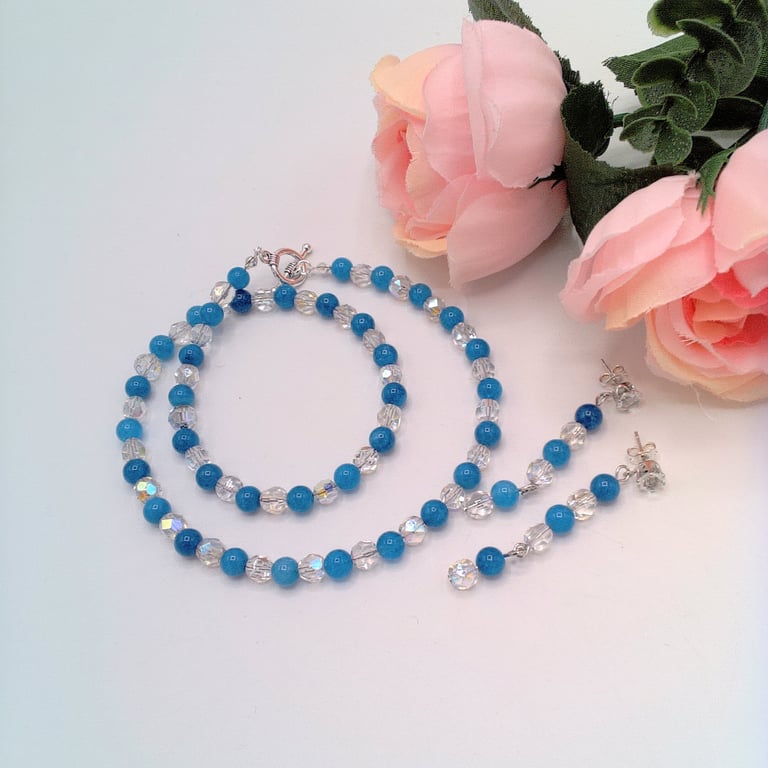 Apatite & Vintage Crystal Beaded Necklace & Earrings, Gift for Her, Mother's Day
