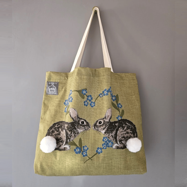 Rabbit printed cotton gusseted tote bag, organic cotton, reusable shopping bag
