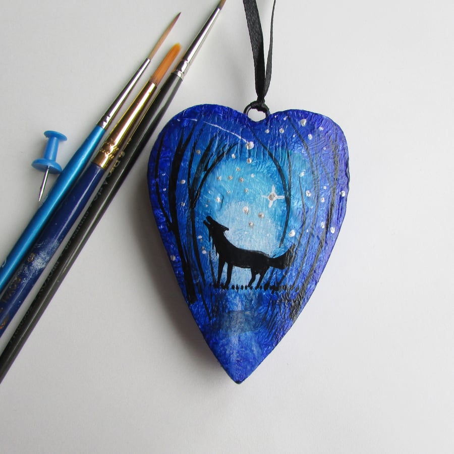 Wolf Hanging Heart, Wolf in the Twilight wooden heart