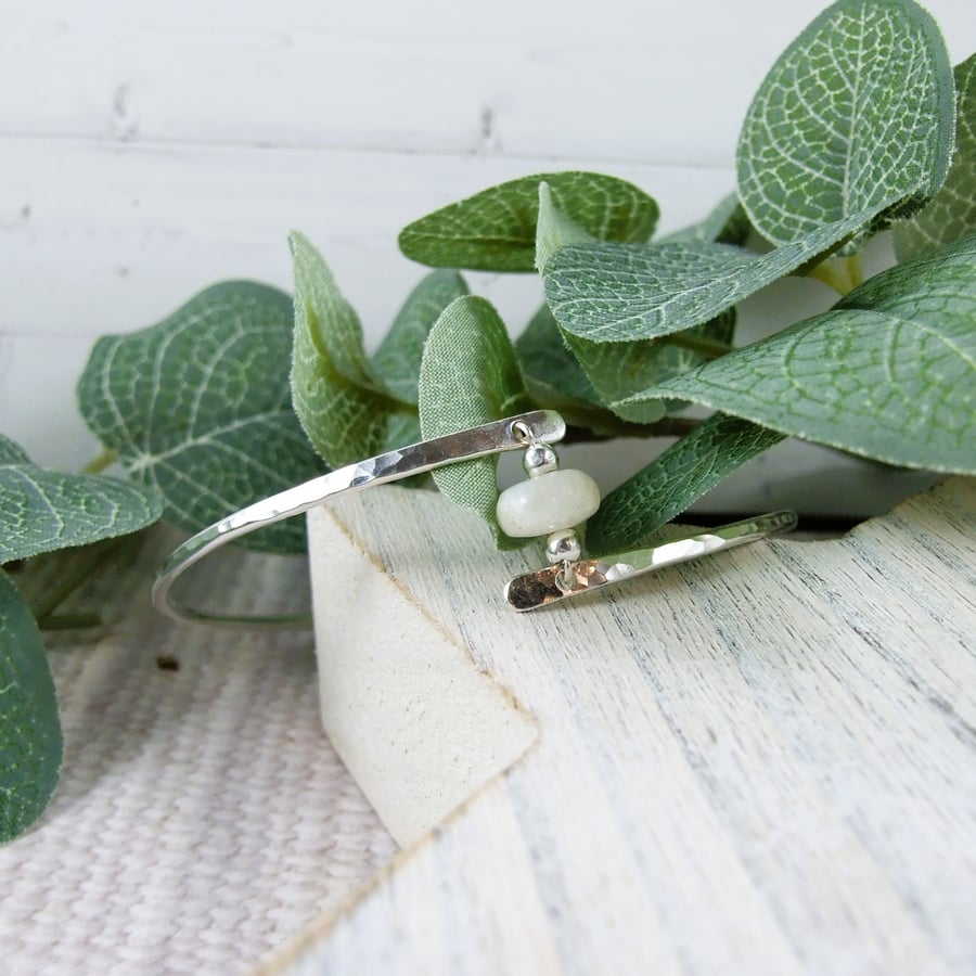 Sterling Silver Bangle with Moonstone Gemstone. Fits Size Medium 20cm 