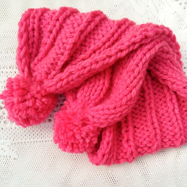 Child's Super Chunky Pink Wide Rib Scarf with Pom Pom, Children's Scarf