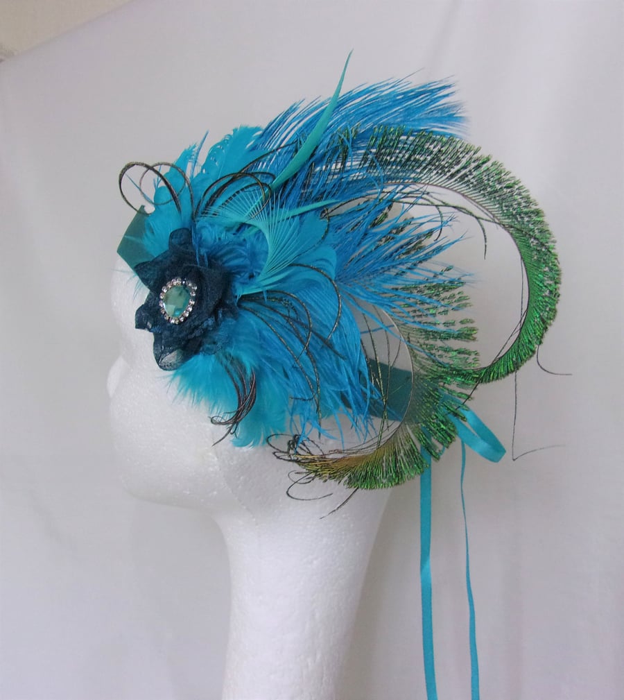 Turquoise and Teal Peacock Feather Vintage Style Flapper Headband
