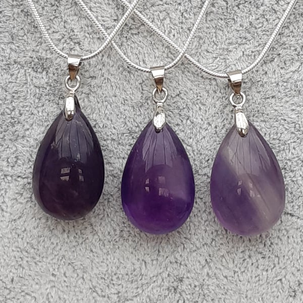 Teardrop amethyst pendant on sterling silver chain