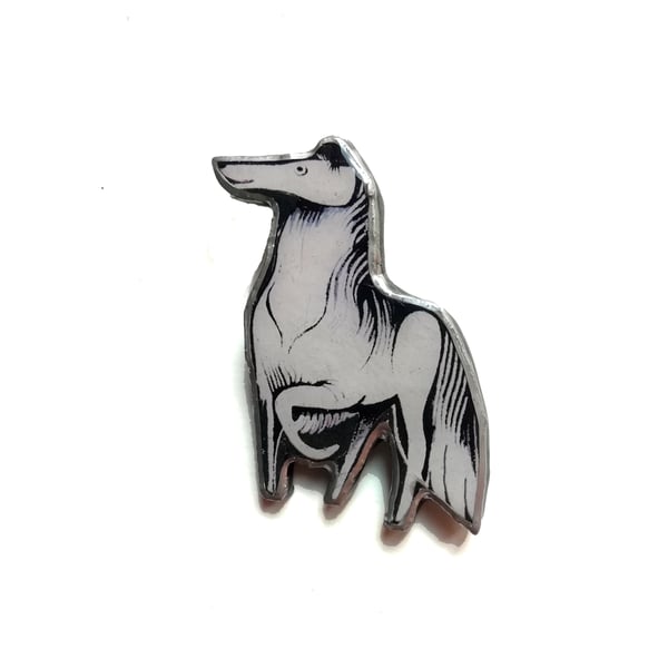 Whimsical Rough Haired Collie Dog Black and White Resin Brooch by EllyMental 