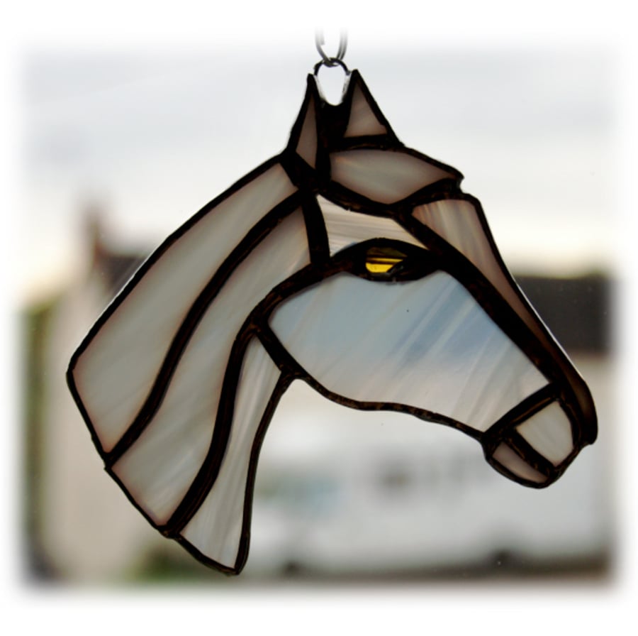 Horse Suncatcher Stained Glass Horsehead White Grey 063