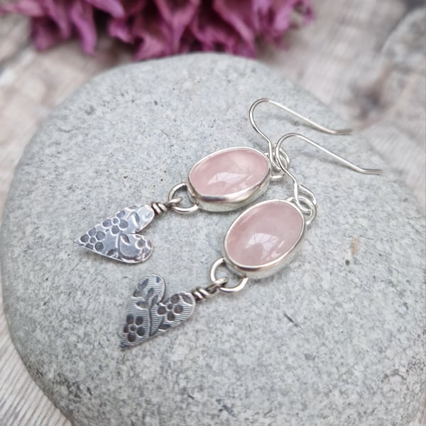 Sterling Silver Hearts and Rose Quartz Earrings