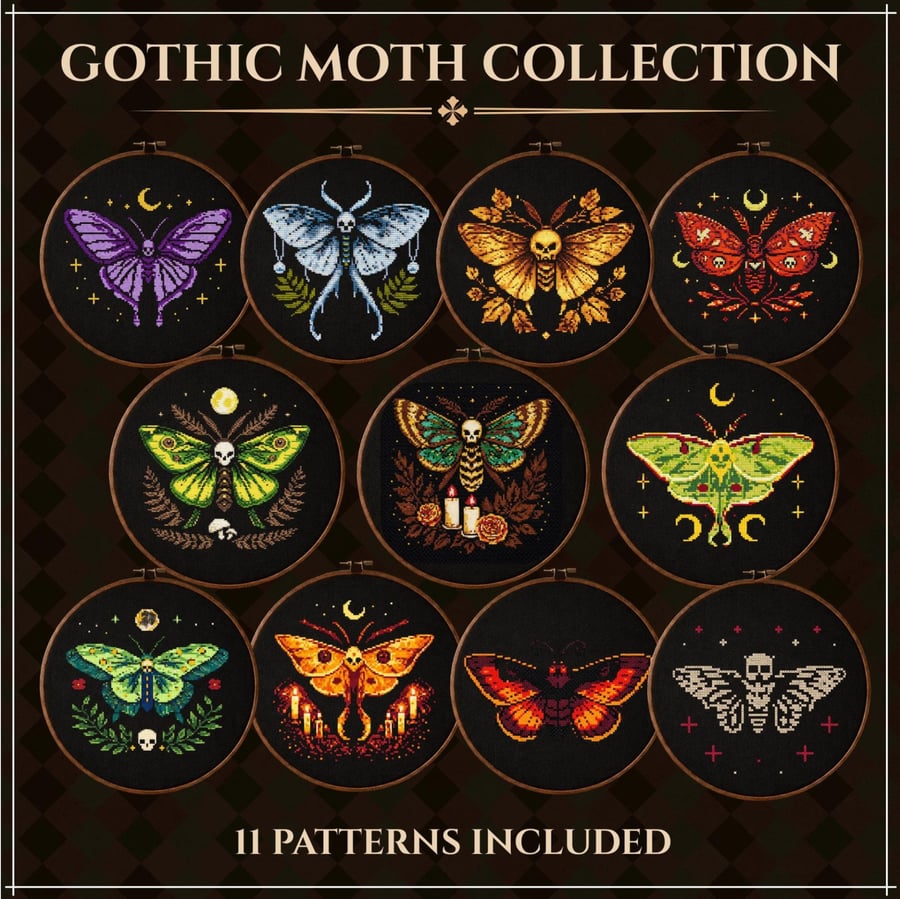 Gothic Moth Cross Stitch Bundle PDF, Death Moth Gallery Wall Set Pattern Pack