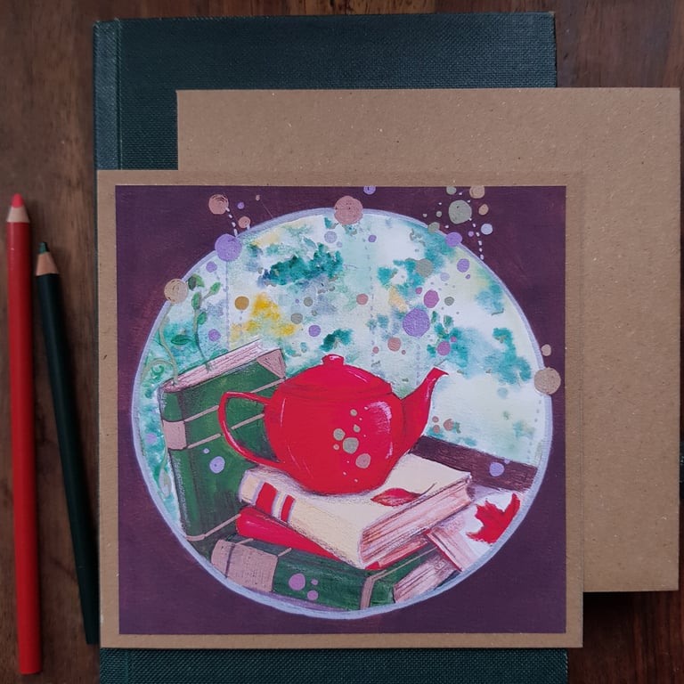Teapot and books on a rainy day - blank card from original artwork