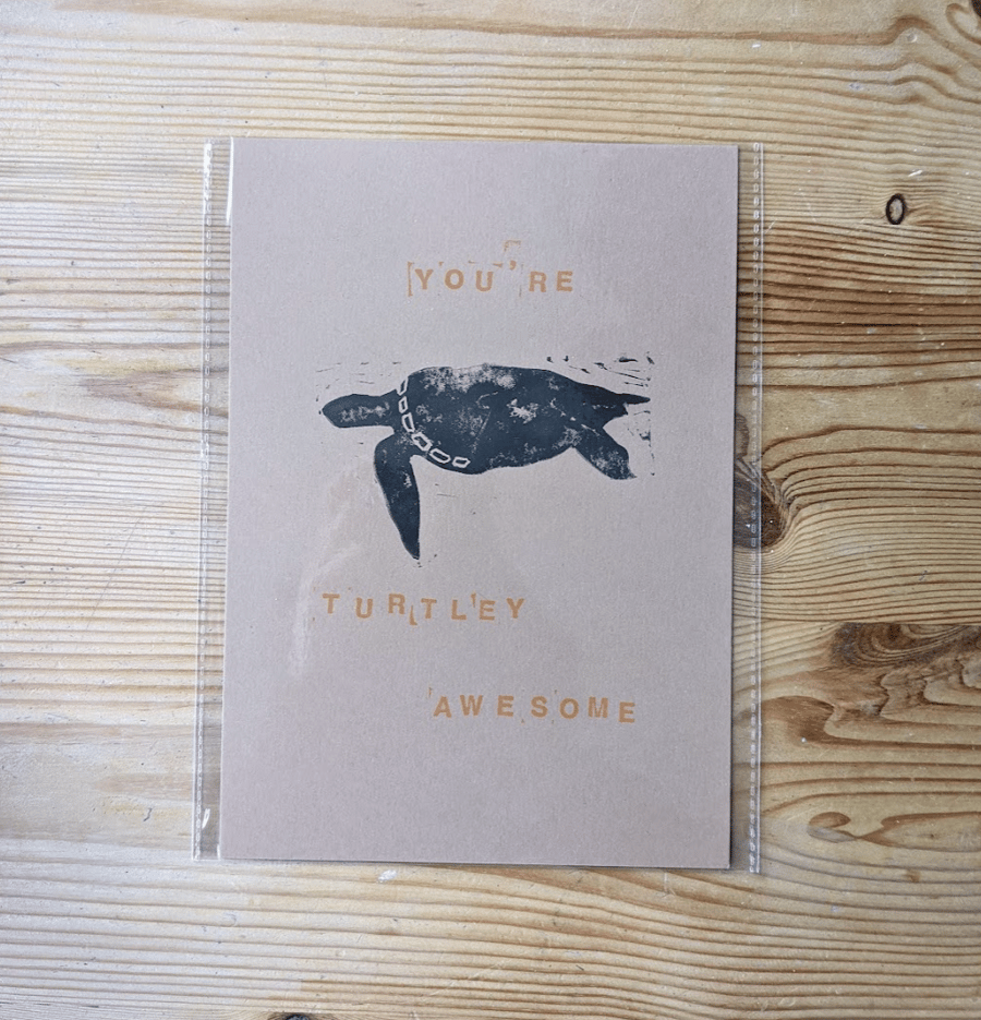 You're Turtley Awesome A5 Lino Print Brown SAMPLE