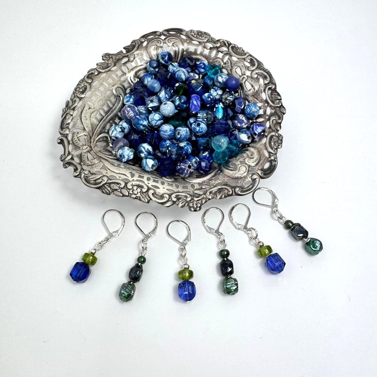 Stitch markers for knitting and crochet, set of 6 recycled vintage bead notions
