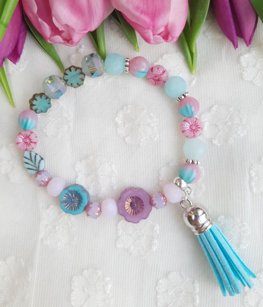 Pastel Pink & Blue Flower & Tassel Mixed Bead Stretch Bracelet