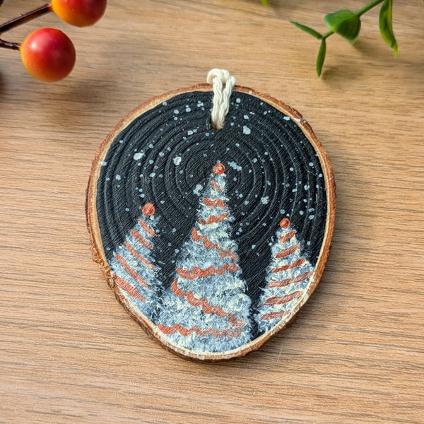 Double Sided Hand Painted Wood Slice Ornaments, Copper Winter Trees 