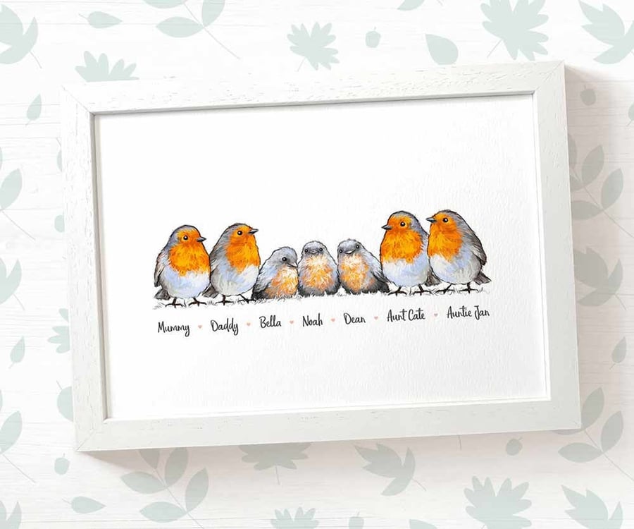 Personalised robin family print with names - mothers day or birthday gift