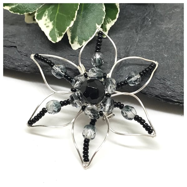 Flower Brooch, Silver Plated, Black And Silver
