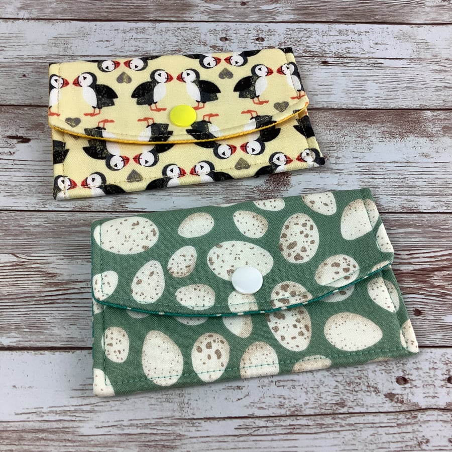 Puffins Business Card Case, Birds eggs travel pass holder wallet, Fabric purse