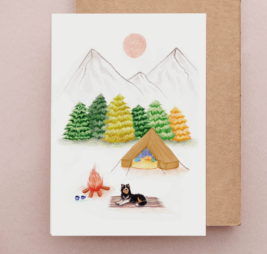 Border Collie Camping card - Woods Birthday Card, Dog Adventure Birthday Card