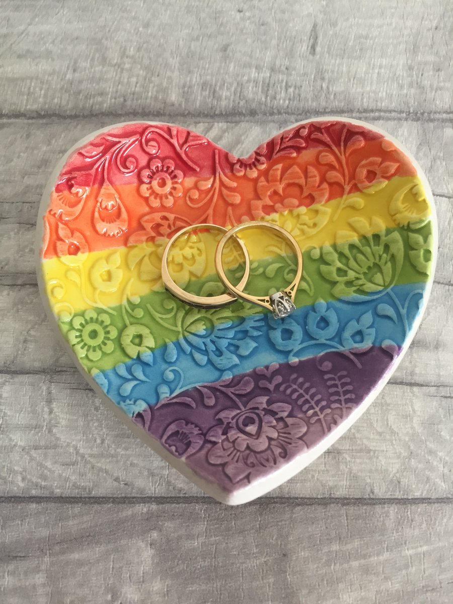 Rainbow themed ceramic heart trinket dish, ring dish, jewellery dish.
