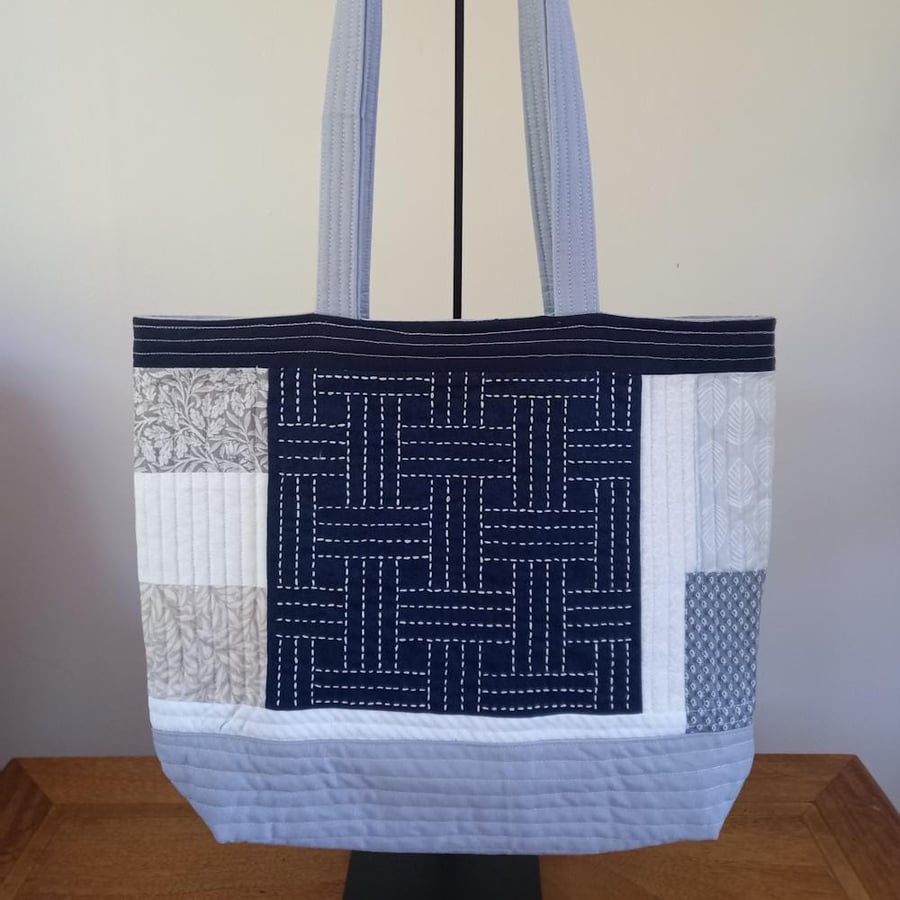 Blue and grey sashiko panel patchwork bag