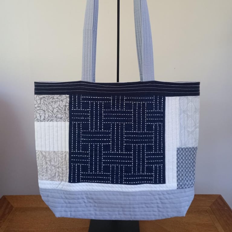 Blue and grey sashiko panel patchwork bag
