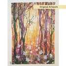 Forest with white butterflies, original watercolour painting with mixed media